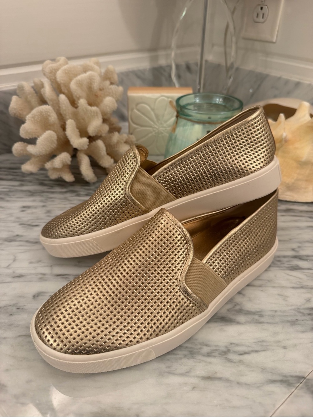 Vince Metallic Gold Perforated Slip-On Sneakers